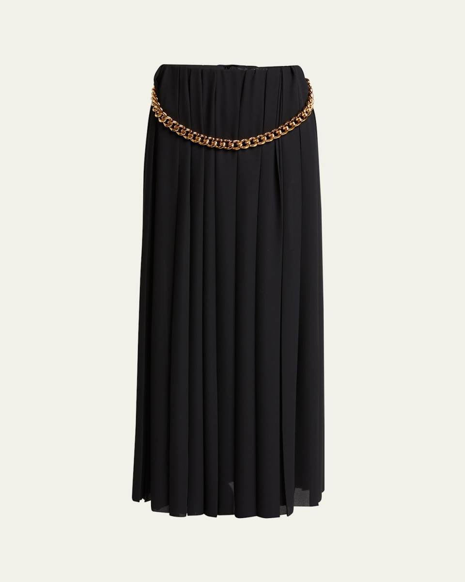 Long Pleated Crepe Skirt with Chain